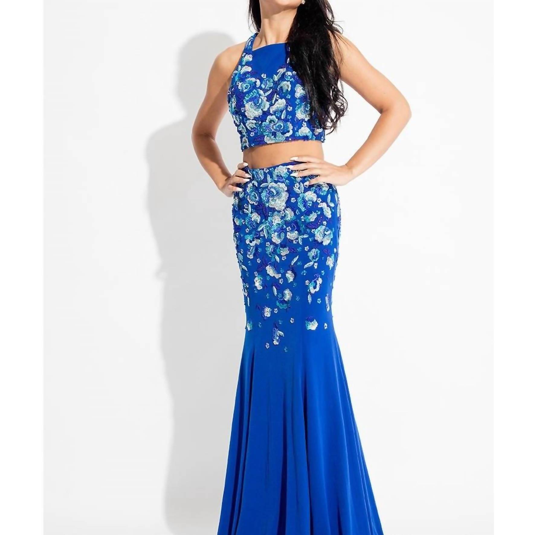 New Rachel Allan Two-Piece Beaded Jersey Prom Gown In Royal